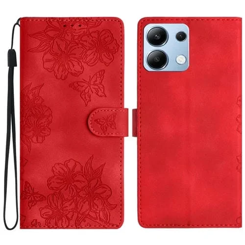 Funda de Teléfono de Pu con Relieve de Piel de Mariposa y Diseño de Flor de Cerezo para Redmi Note 13 4G (Rojo)