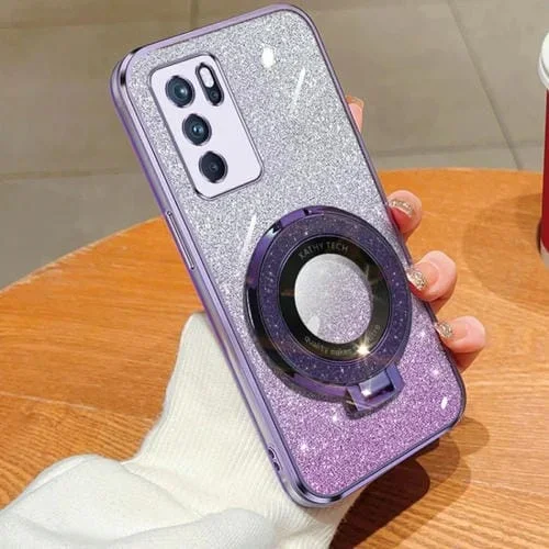 Funda de Teléfono de TPU con Soporte Redondo con Purpurina Degradada Plateada para Oppo Reno6 Pro 5G (Morado)