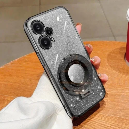 Funda de Teléfono de TPU con Soporte Redondo y Purpurina Degradada Chapada En Turbo para Redmi Note 12 (Negro)