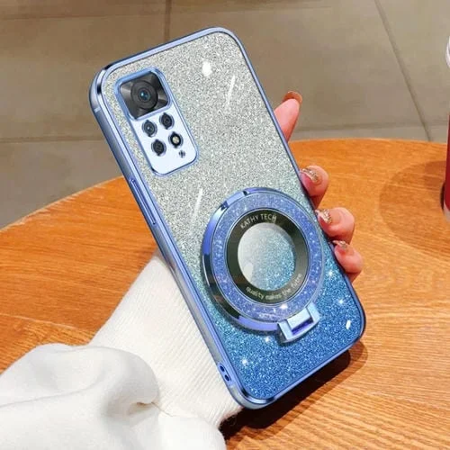 Funda de Teléfono de TPU con Soporte Redondo y Purpurina Degradada Chapada Global para Redmi Note 11 Pro 4G/5G (Azul Sierra)