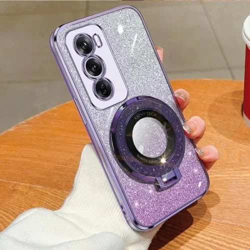 Funda de Teléfono de TPU con Soporte Redondo y Purpurina Degradada para Oppo Reno12 Pro (Morada)