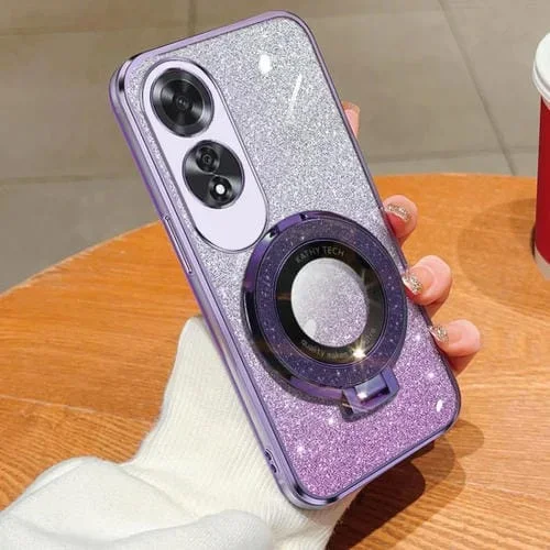 Funda de Teléfono de TPU con Soporte Redondo y Purpurina Degradada Plateada para Oppo A60 (Morado)