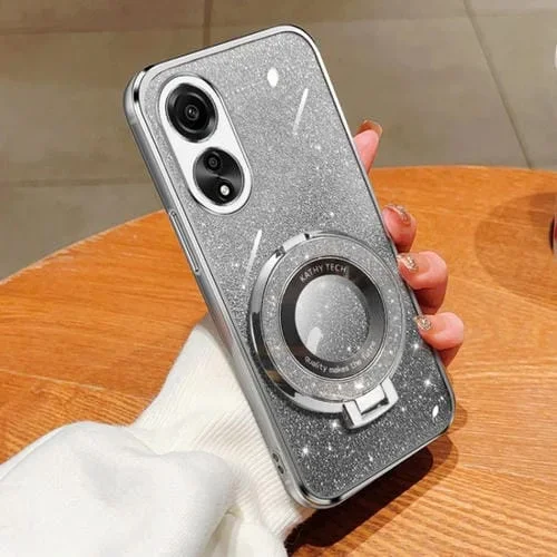Funda de Teléfono de TPU con Soporte Redondo y Purpurina Degradada Plateada para Oppo A78 4G (Plateada)
