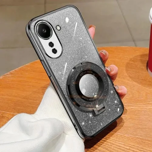 Funda de Teléfono de TPU con Soporte Redondo y Purpurina Degradada Plateada para Redmi 13C 4G (Negra)