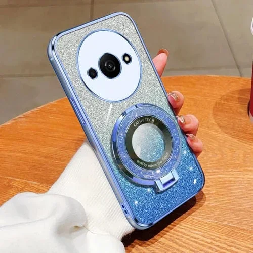 Funda de Teléfono de TPU con Soporte Redondo y Purpurina Degradada Plateada para Redmi A3 (Azul Sierra)