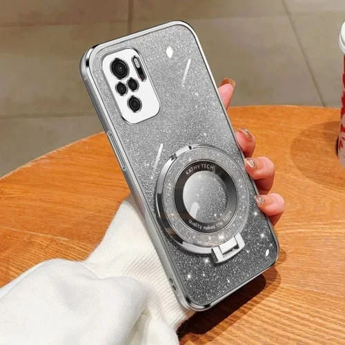 Funda de Teléfono de TPU con Soporte Redondo y Purpurina Degradada Plateada para Redmi Note 10 4G (Plateada)