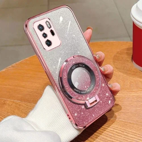 Funda de Teléfono de TPU con Soporte Redondo y Purpurina Degradada Plateada para Redmi Note 10 Pro 5G (Rosa)