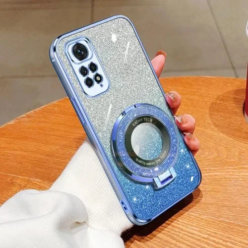 Funda de Teléfono de TPU con Soporte Redondo y Purpurina Degradada Plateada para Redmi Note 11S (Azul Sierra)