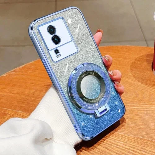 Funda de Teléfono de TPU con Soporte Redondo y Purpurina Degradada Plateada para Vivo Iqoo Neo7 (Azul Sierra)