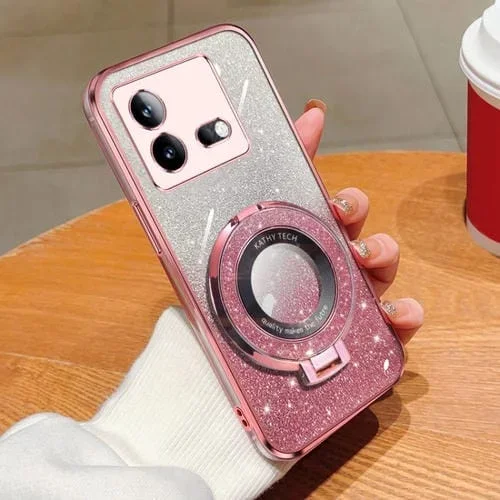 Funda de Teléfono de TPU con Soporte Redondo y Purpurina Degradada Plateada para Vivo Iqoo Neo8/Neo8 Pro (Rosa)