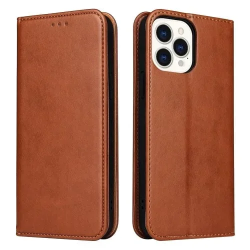 Funda de teléfono Fierre Shann para iPhone 15 Pro con textura de cuero genuino (Marrón)