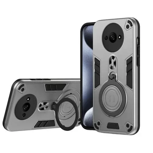 Funda de Teléfono Híbrida de TPU y PC con Soporte Giratorio de 360 Grados y Anillo de Metal para Redmi A3 (Gris Plateado)