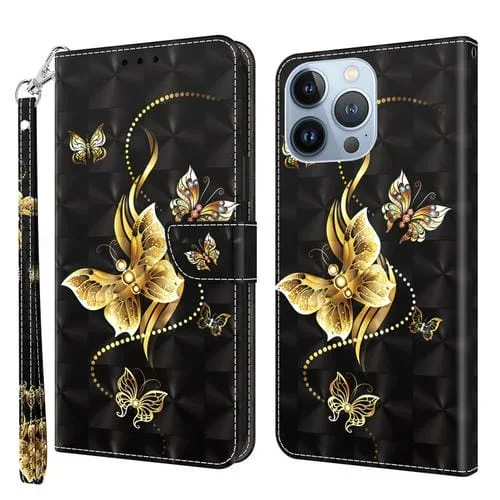 Funda de teléfono iPhone 12 Mini cuero pintado en 3D mariposa golondrina dorada