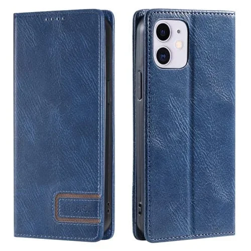 Funda de teléfono iPhone 12 Mini Ttudrch Rfid cuero magnético textura retro (Azul)