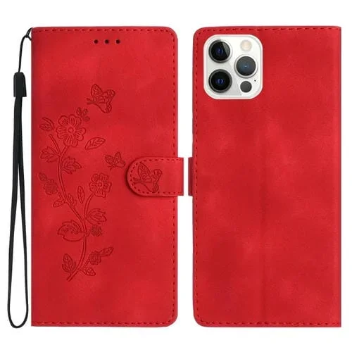 Funda de Teléfono iPhone 12 Pro Max Cuero Estampado de Flores En Relieve (Rojo)
