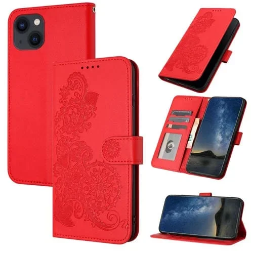 Funda de Teléfono iPhone 13 Cuero con Tapa en Relieve Flores Datura (Rojo)