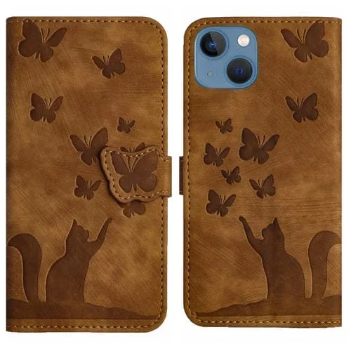 Funda de Teléfono iPhone 13 Cuero con Tapa Relieve Gato Mariposa (Marrón)