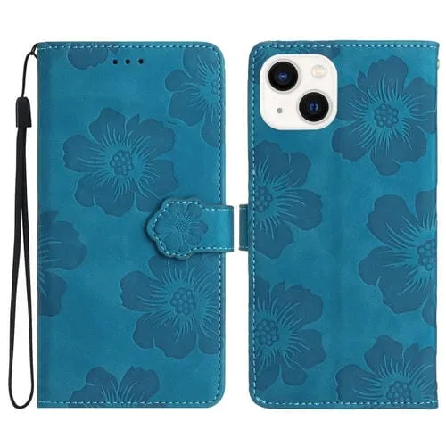 Funda de Teléfono iPhone 13 Cuero Estampado de Flores en Relieve (Azul)