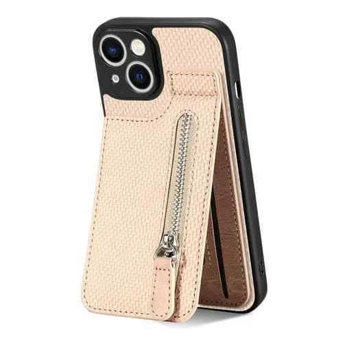 Funda de teléfono iPhone 13 Mini con cremallera vertical de fibra de carbono (Caqui)