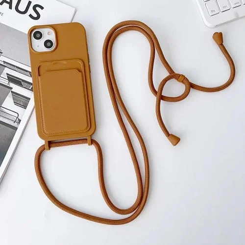 Funda de teléfono iPhone 13 Pro Crossbody Lanyard con soporte de tarjeta de silicona elástica (Marrón)