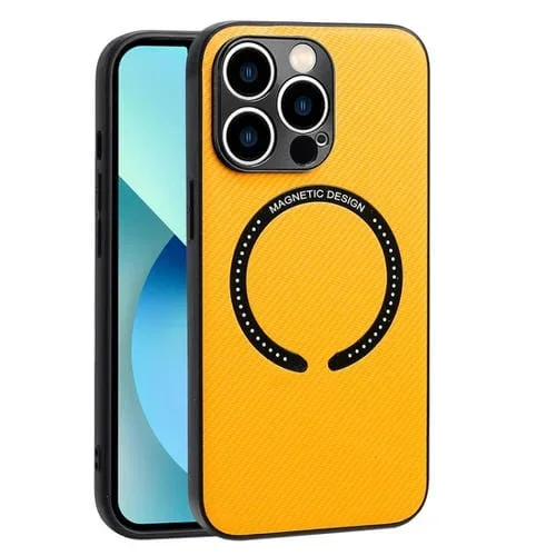 Funda de Teléfono iPhone 13 Pro Magsafe Textura Fibra de Carbono Magnética (Amarillo)