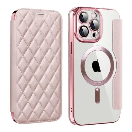 Funda de Teléfono iPhone 13 Pro Max Shield Magsafe Rfid Cuero con Rombos Antirrobo (Rosa)