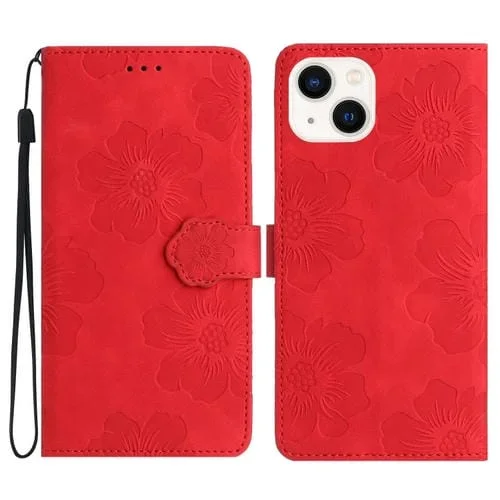 Funda de teléfono iPhone 14 Cuero Estampado de Flores en Relieve (Rojo)
