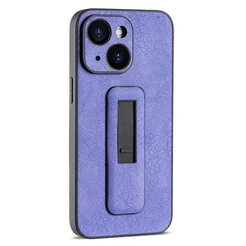 Funda de teléfono iPhone 15 a prueba de golpes con soporte Push-Pull de cuero PU (Púrpura)