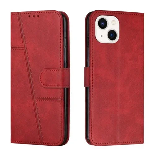 Funda de Teléfono iPhone 15 Cuero con Hebilla Textura de Becerro Cosida (Rojo)