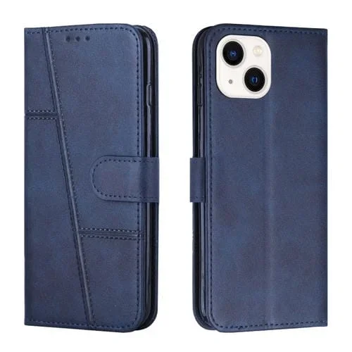 Funda de Teléfono iPhone 15 Cuero Textura de Becerro Cosida con Hebilla (Azul)