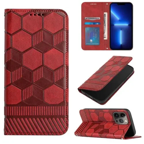 Funda de teléfono iPhone 15 Pro con tapa de cuero magnético y textura de fútbol (Rojo)