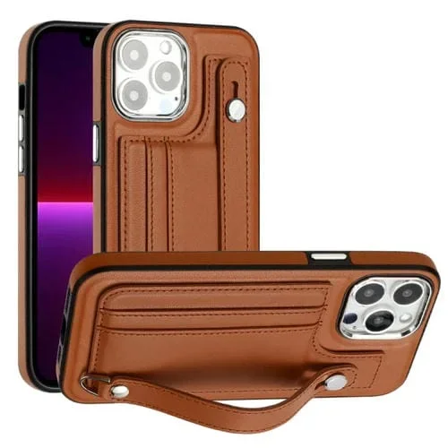 Funda de Teléfono iPhone 15 Pro Cuero a Prueba de Golpes con Correa para Muñeca (Marrón)