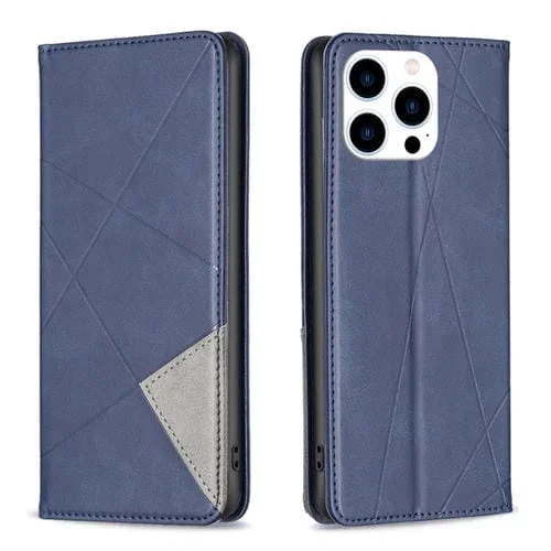 Funda de Teléfono iPhone 15 Pro Cuero Magnético Textura de Rombos (Azul)