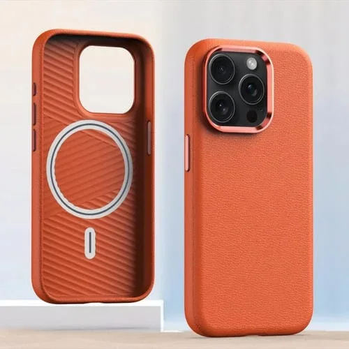 Funda de Teléfono iPhone 15 Pro Marco de Lente Metal Magsafe Cuero Cobertura Total (Naranja)