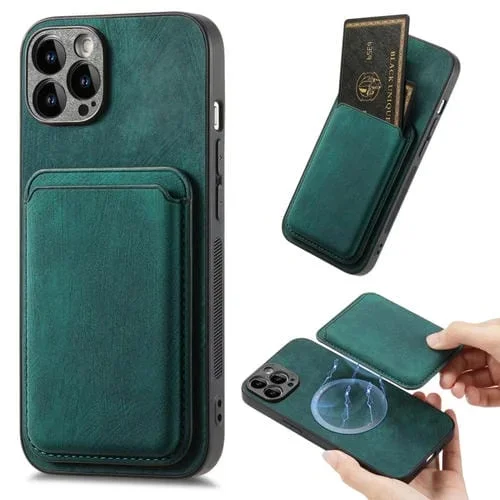 Funda de Teléfono iPhone 15 Pro Max Magnética con Bolsa de Tarjeta de Cuero Retro (Verde)