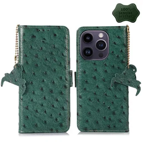 Funda de Teléfono iPhone 15 Pro Max Patrón de Avestruz Rfid Cuero Genuino (Verde)