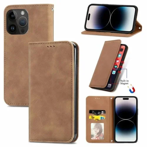 Funda de Teléfono iPhone 15 Pro Max Retro Skin Feel Cuero con Tapa Magnética (Marrón)