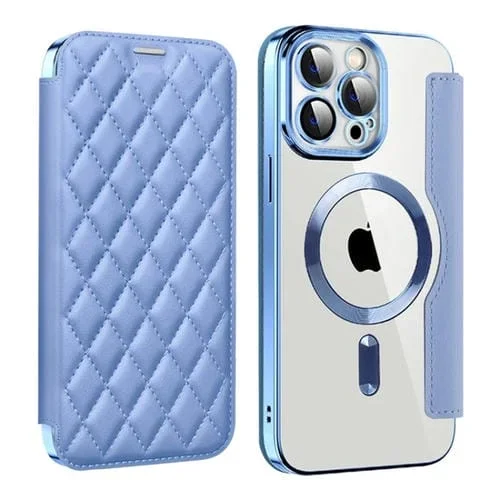 Funda de Teléfono iPhone 15 Pro Shield Magsafe Rfid Cuero con Rombos Antirrobo (Azul)