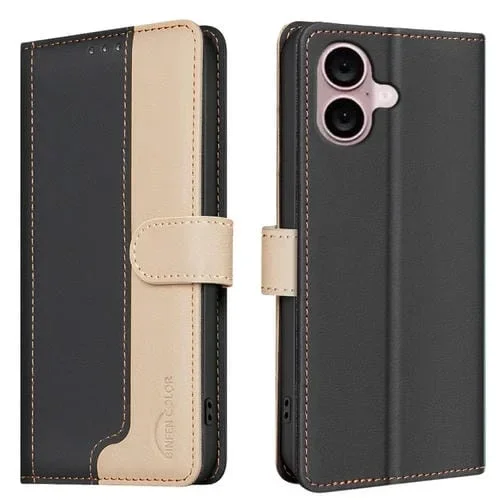 Funda de Teléfono iPhone 16 Cuero Antirrobo RFID a Juego de Colores (Negro)
