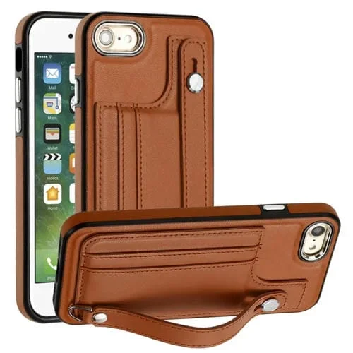 Funda de Teléfono iPhone SE 2022/SE 2020/6/7/8 Cuero a Prueba de Golpes con Correa para Muñeca (Marrón)