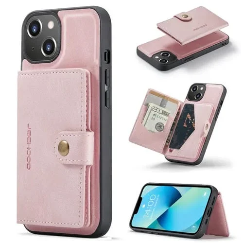 Funda de Teléfono Jeehood iPhone 15 Plus Cuero Desmontable Magnética Retro (Rosa)