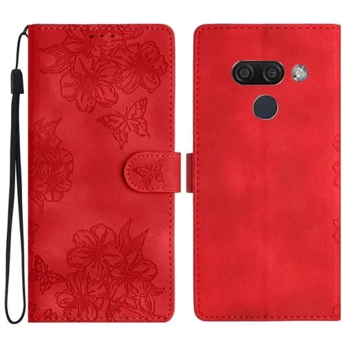 Funda de Teléfono LG K50 de PU con Relieve Mariposa y Flor de Cerezo (Rojo)