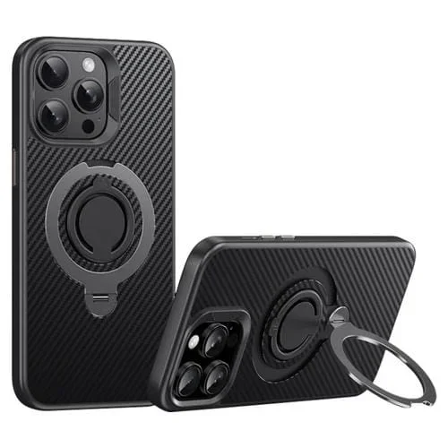 Funda de Teléfono Magsafe Fibra de Carbono para iPhone 12 Pro Max con Soporte Giratorio 360 (Negro y Gris)