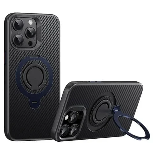 Funda de Teléfono Magsafe Fibra de Carbono para iPhone 14 Pro con Soporte Giratorio de 360 Grados (Negro y Azul)