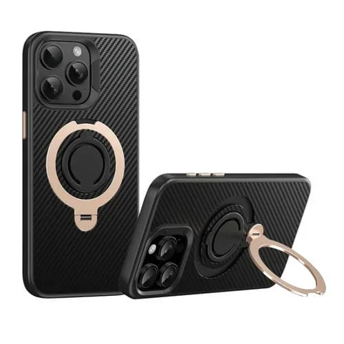 Funda de Teléfono Magsafe Fibra de Carbono para iPhone 15 Pro Max con Soporte Giratorio 360 (Oro Negro)