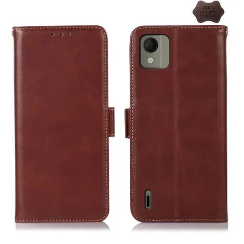 Funda de Teléfono Nokia C110 Cuero Genuino Crazy Horse Textura Magnética Rfid (Marrón)