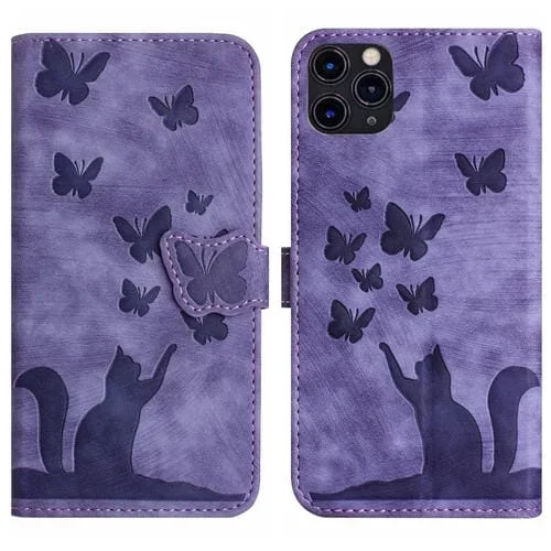 Funda de teléfono para iPhone 11 Pro Butterfly Cat de cuero con tapa en relieve (Púrpura)