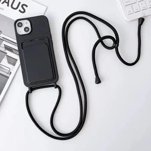 Funda de teléfono para iPhone 11 Pro Max Crossbody Lanyard con soporte de tarjeta de silicona elástica (Negro)