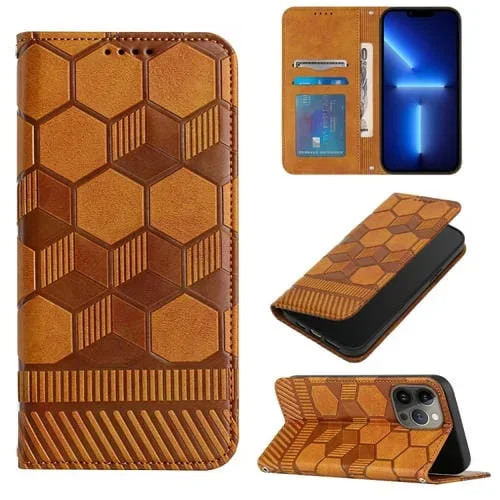 Funda de Teléfono para iPhone 13 Pro con Tapa de Cuero Magnético y Textura de Fútbol (Caqui)