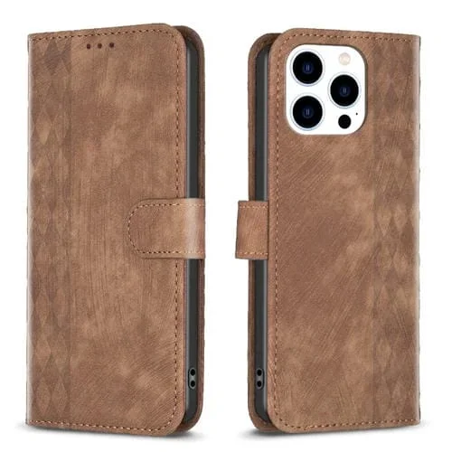 Funda de Teléfono para iPhone 13 Pro Max Cuero En Relieve a Cuadros (Marrón)